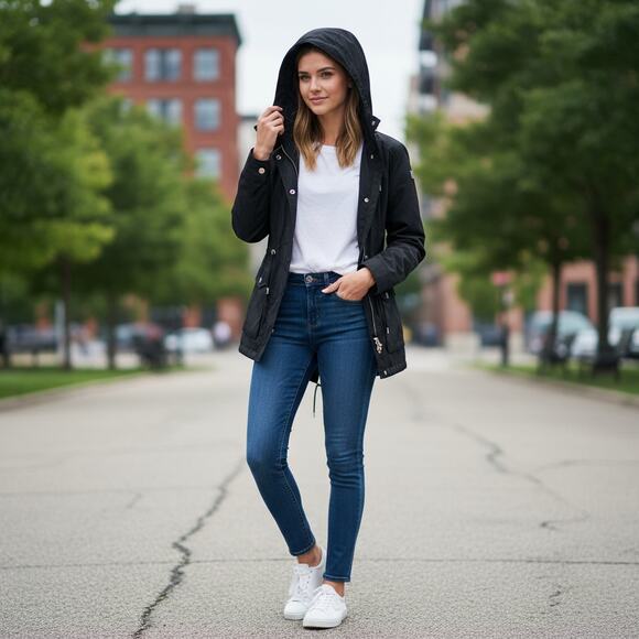 Abercrombie & Fitch Women's extra small Black NYLON PARKA Coat rain jacket - Picture 1 of 10